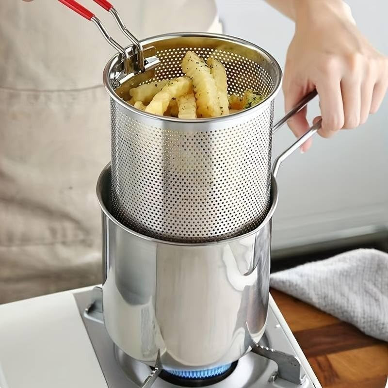 🍟 Stainless Steel 1200ml Deep Frying Pot with Strainer – Heavy-Duty Kitchen Fryer