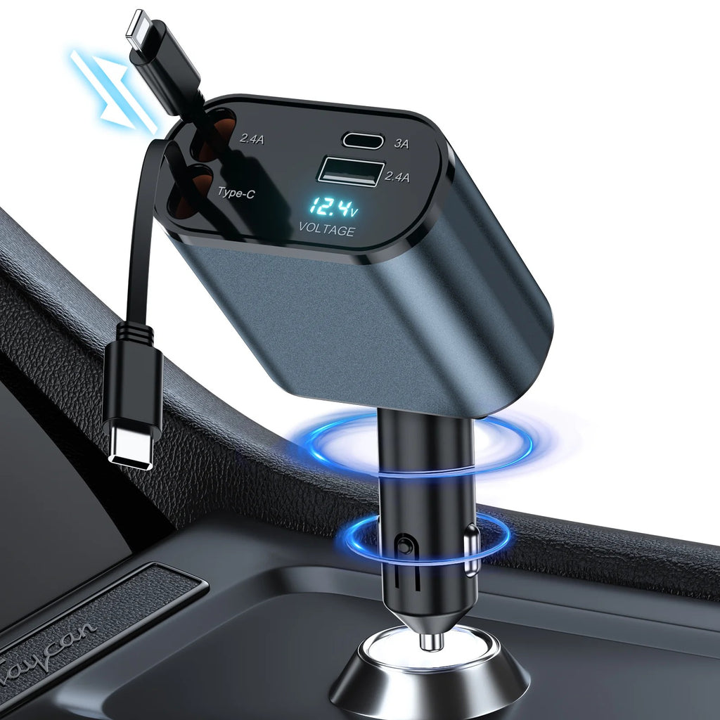 4 In 1 Car Charger 120W with Retractable Design