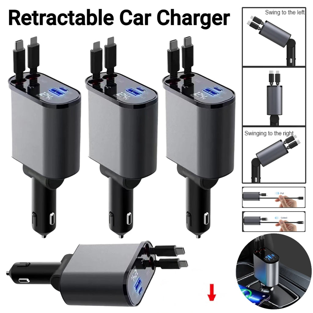 4 In 1 Car Charger 120W with Retractable Design