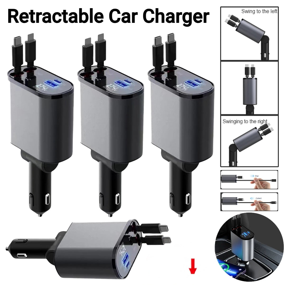 4 In 1 Car Charger 120W with Retractable Design