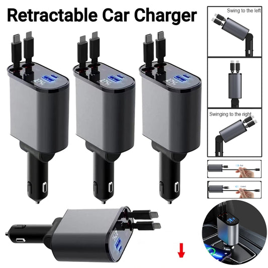 4 In 1 Car Charger 120W with Retractable Design