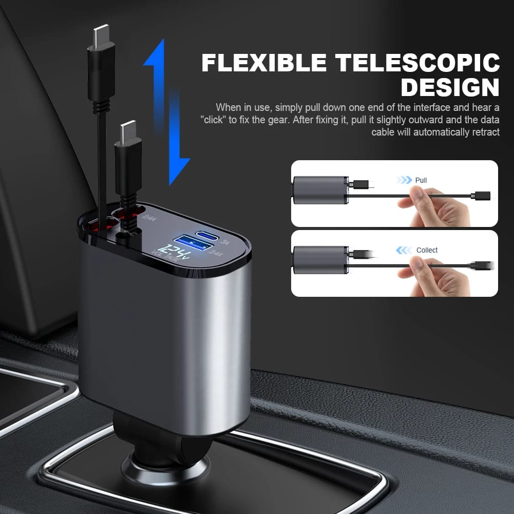 4 In 1 Car Charger 120W with Retractable Design