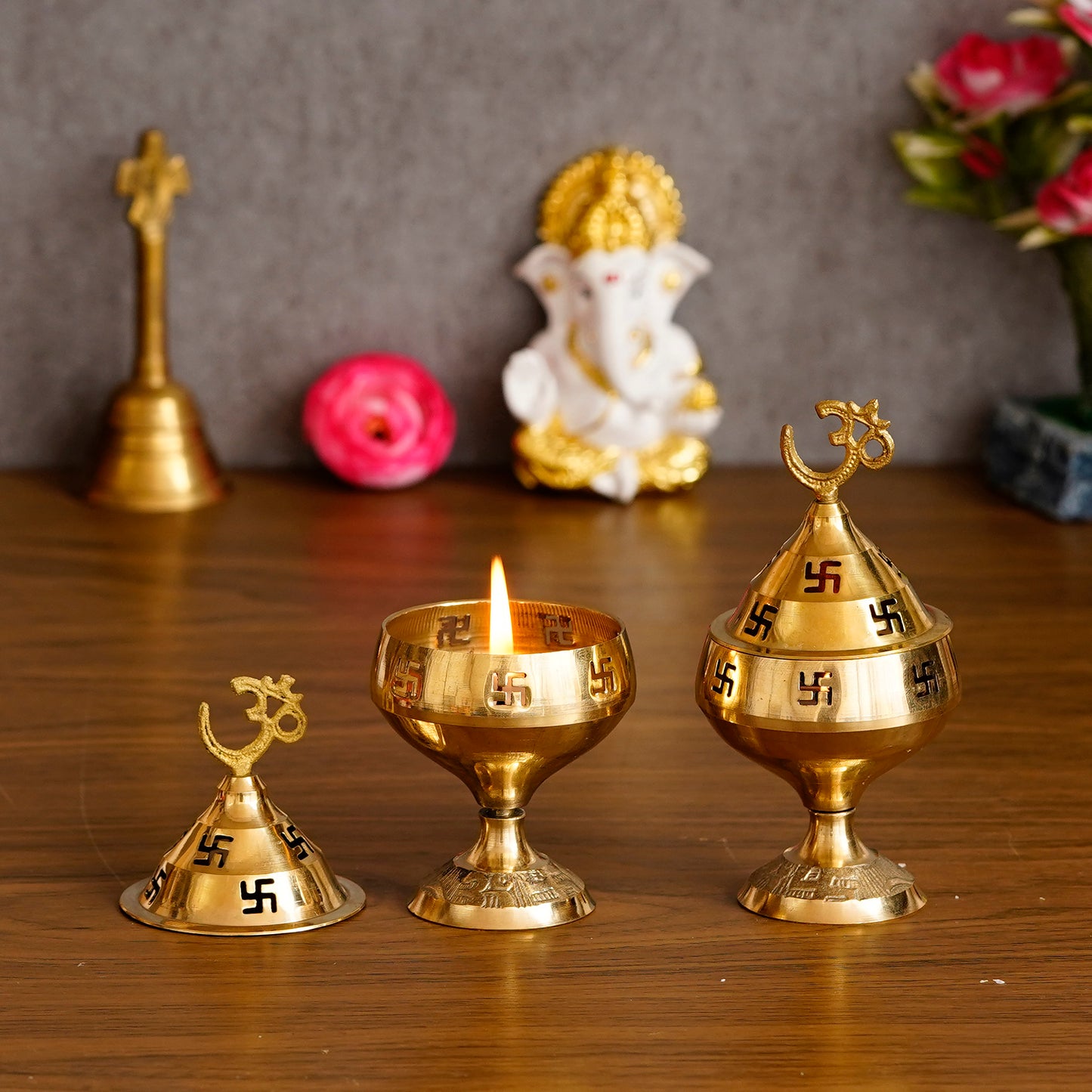 Om and Swastik Brass Diya